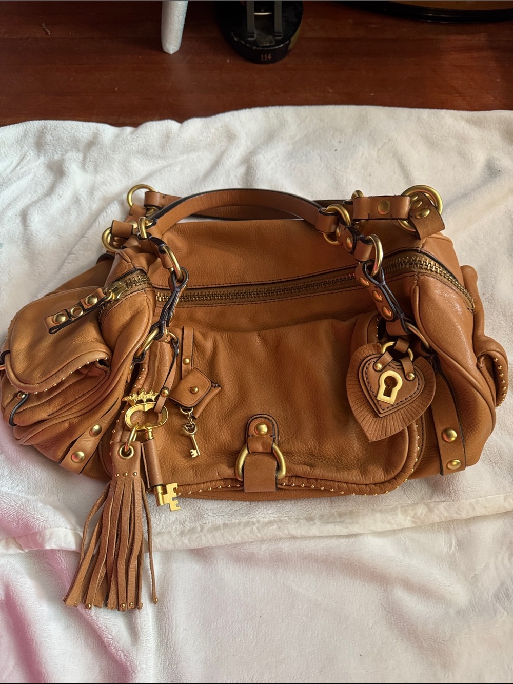 Juicy Couture Tan Leather Shoulder Bag with Tassel & Heart Charm